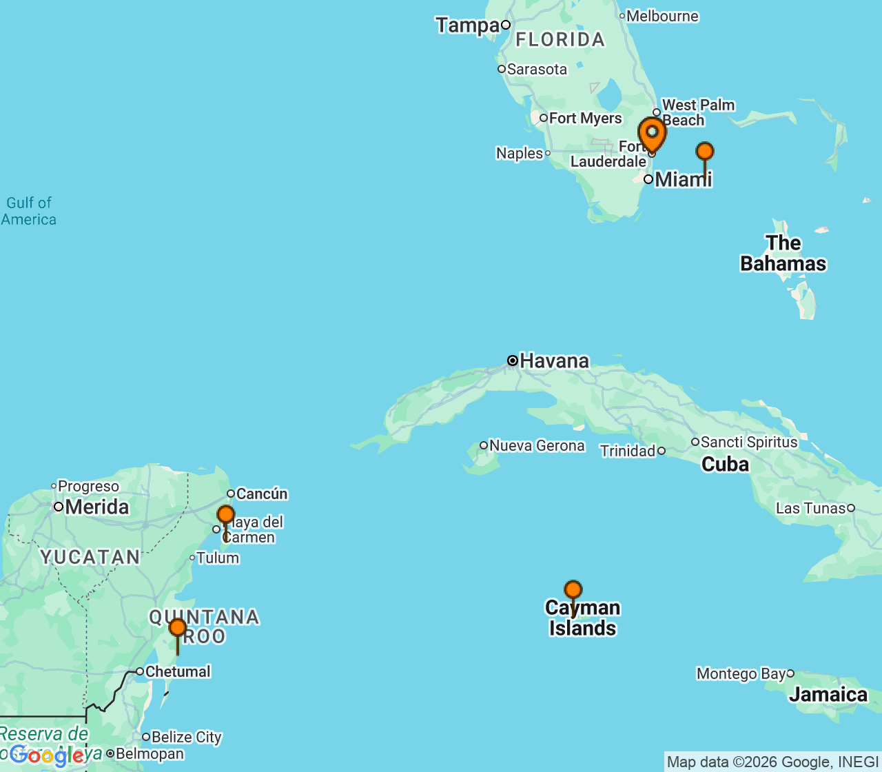 Harta itinerariu Croaziera 2027 - Caraibe si America Centrala (Fort Lauderdale, Florida) - Celebrity Cruises - Celebrity Xcel - 7 nopti