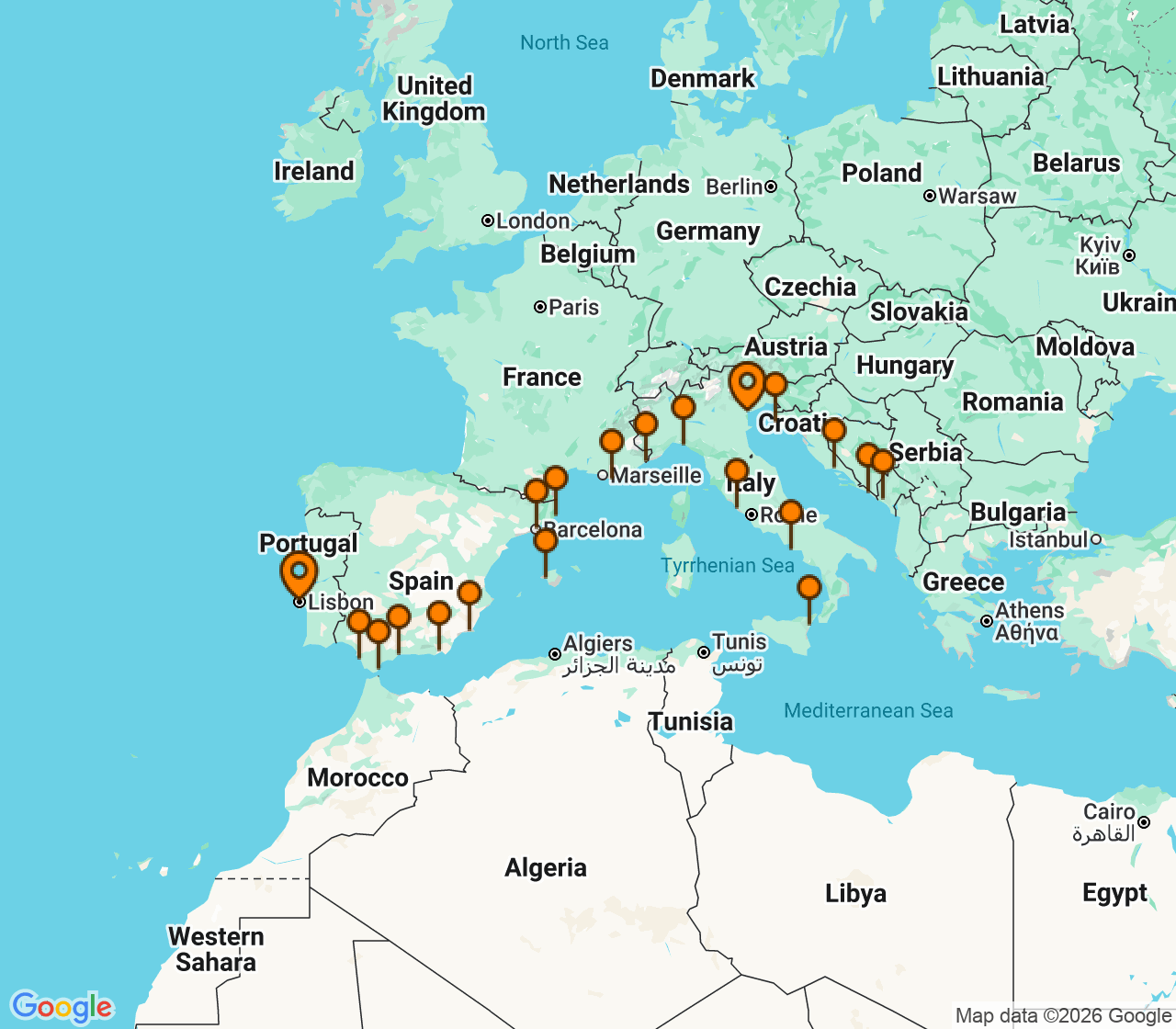 Harta itinerariu Croaziera 2026 - Mediterana (Venetia, Italia) - Windstar Cruises - Wind Surf - 23 nopti