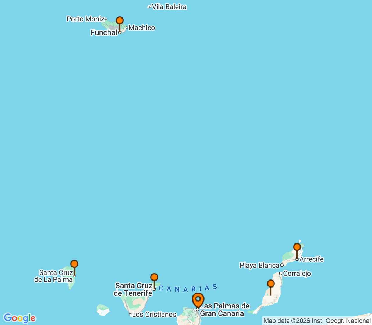 Harta itinerariu Croaziera 2027 - Mediterana (Las Palmas, Insulele Canare) - MSC Cruises - MSC Euribia - 7 nopti