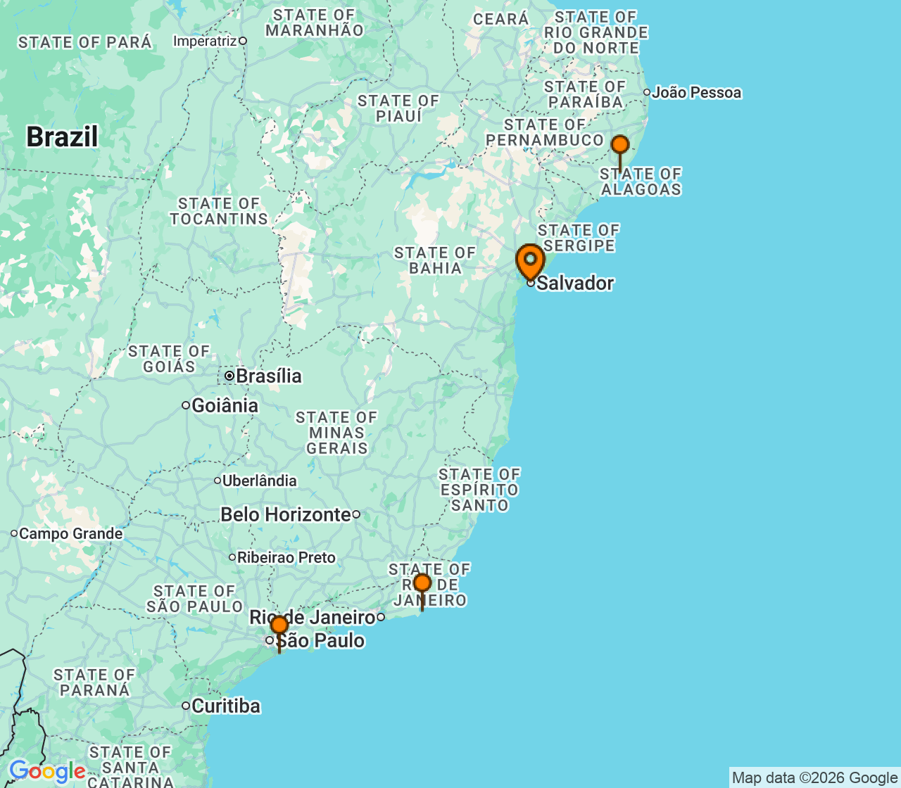 Harta itinerariu Croaziera 2026 - America de Sud (Salvador, Brazilia) - MSC Cruises - MSC Virtuosa - 7 nopti