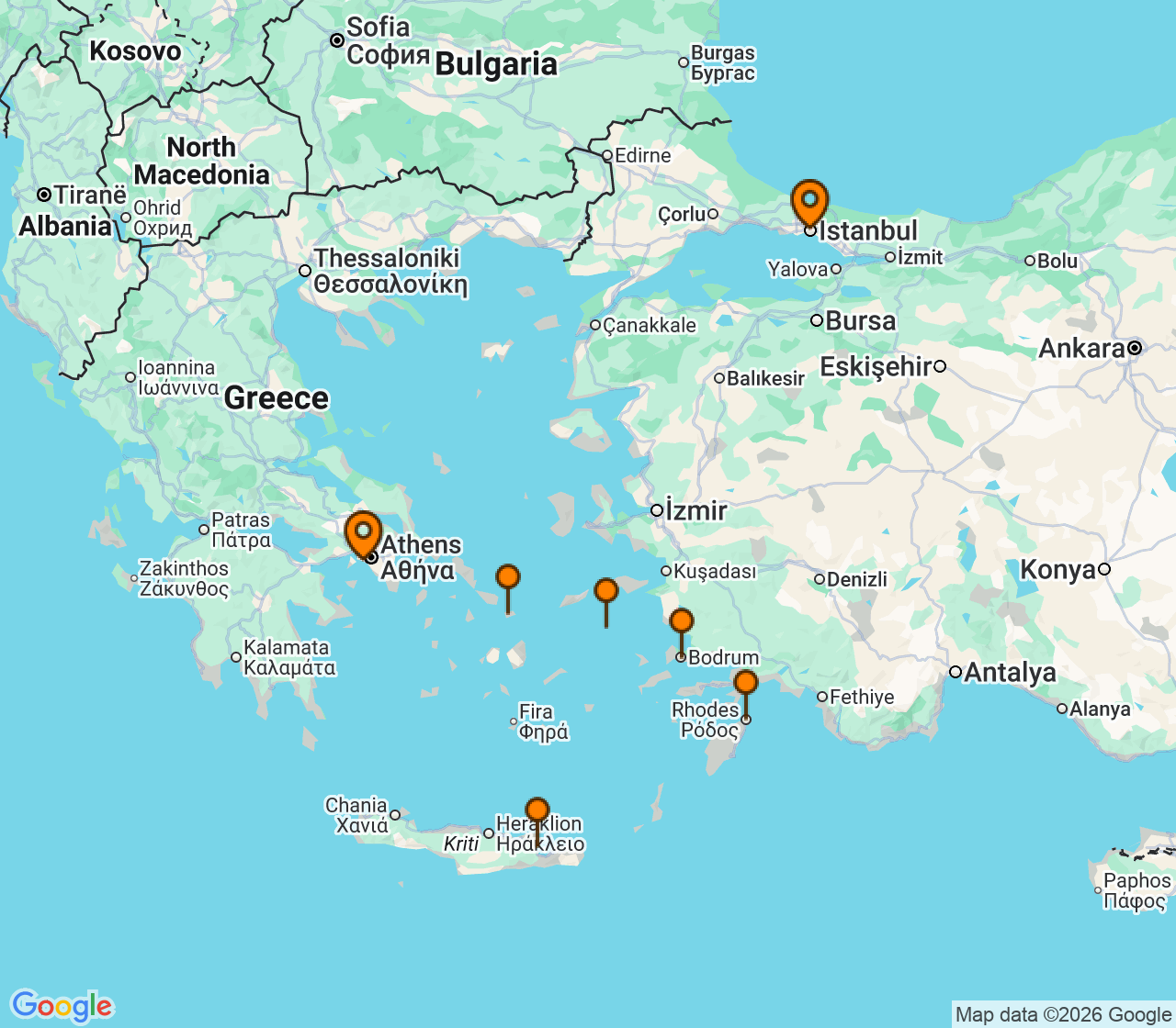 Harta itinerariu Croaziera 2027 - Mediterana (Istanbul, Turcia) - Explora Journeys - Explora II - 7 nopti