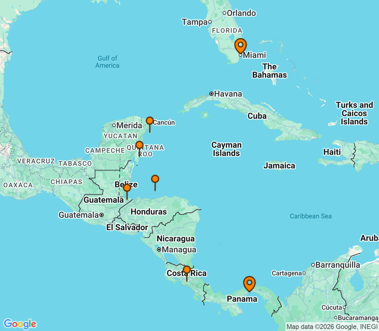 Harta itinerariu Croaziera 2028 - Caraibe si America Centrala (Panama City) - Oceania Cruises - Marina - 10 nopti