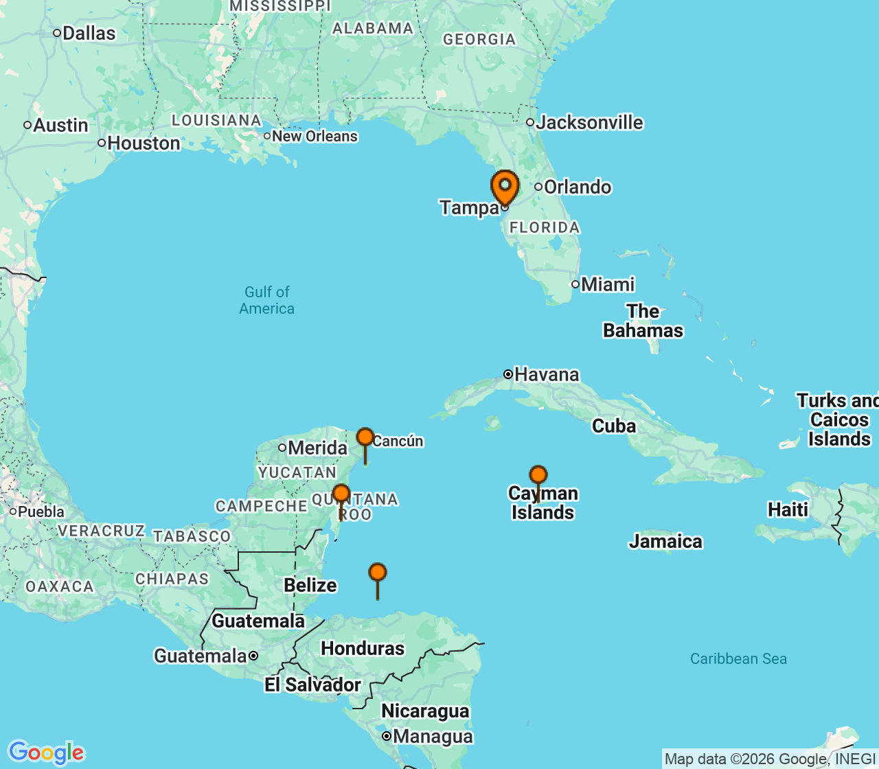 Harta itinerariu Croaziera 2027 - Caraibe si America Centrala (Tampa, FL) - Royal Caribbean Cruise Line - Radiance of the Seas - 8 nopti