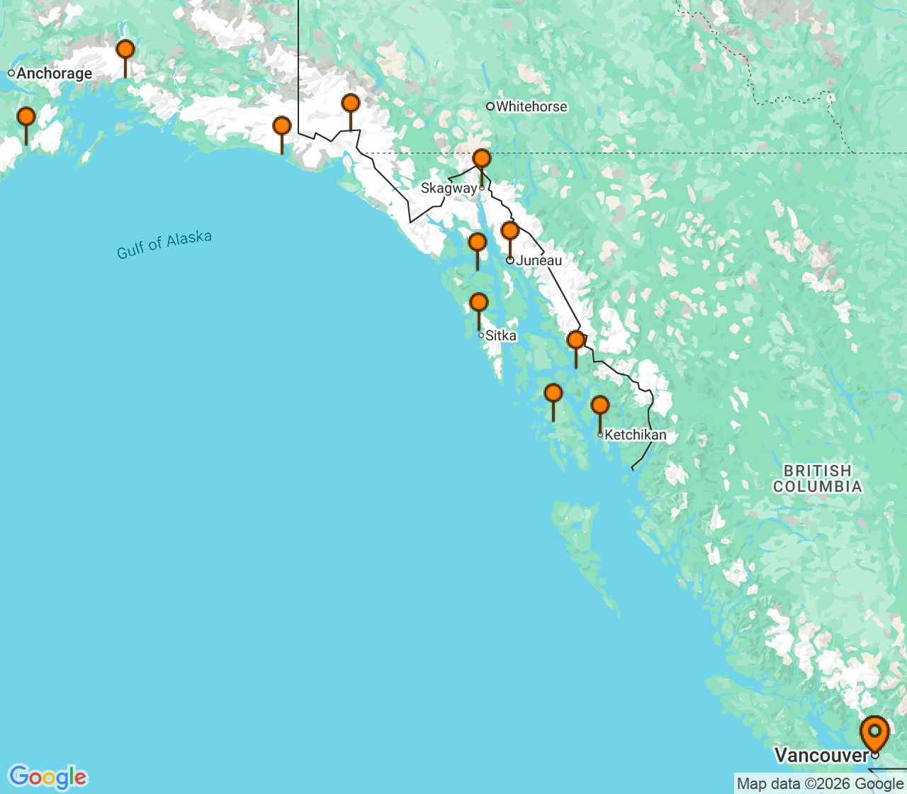 Harta itinerariu Croaziera 2027 - Alaska (Vancouver, Canada) - Explora Journeys - Explora III - 14 nopti