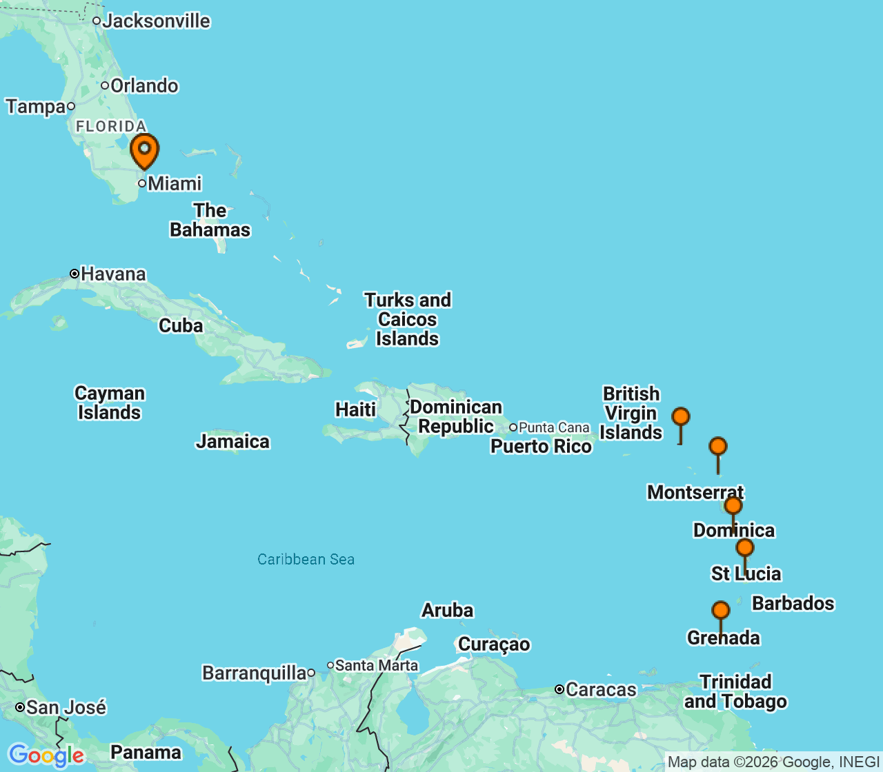 Harta itinerariu Croaziera 2027 - Caraibe si America Centrala (Fort Lauderdale, Florida) - Celebrity Cruises - Celebrity Ascent - 10 nopti