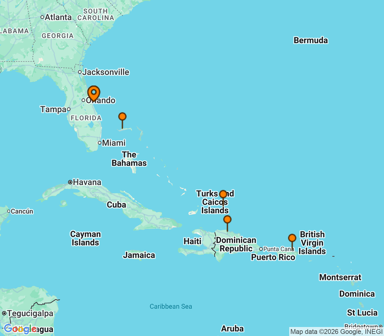 Harta itinerariu Croaziera 2026 - Caraibe si America Centrala (Port Canaveral, FL) - Royal Caribbean Cruise Line - Explorer of the Seas - 7 nopti