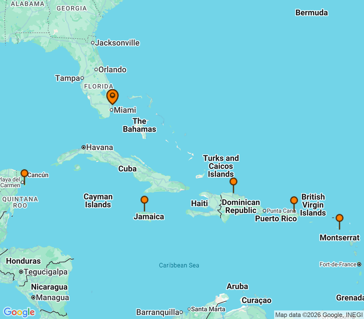 Harta itinerariu Croaziera 2028 - Caraibe si America Centrala (Fort Lauderdale, Florida) - Princess Cruises - Sky Princess - 14 nopti