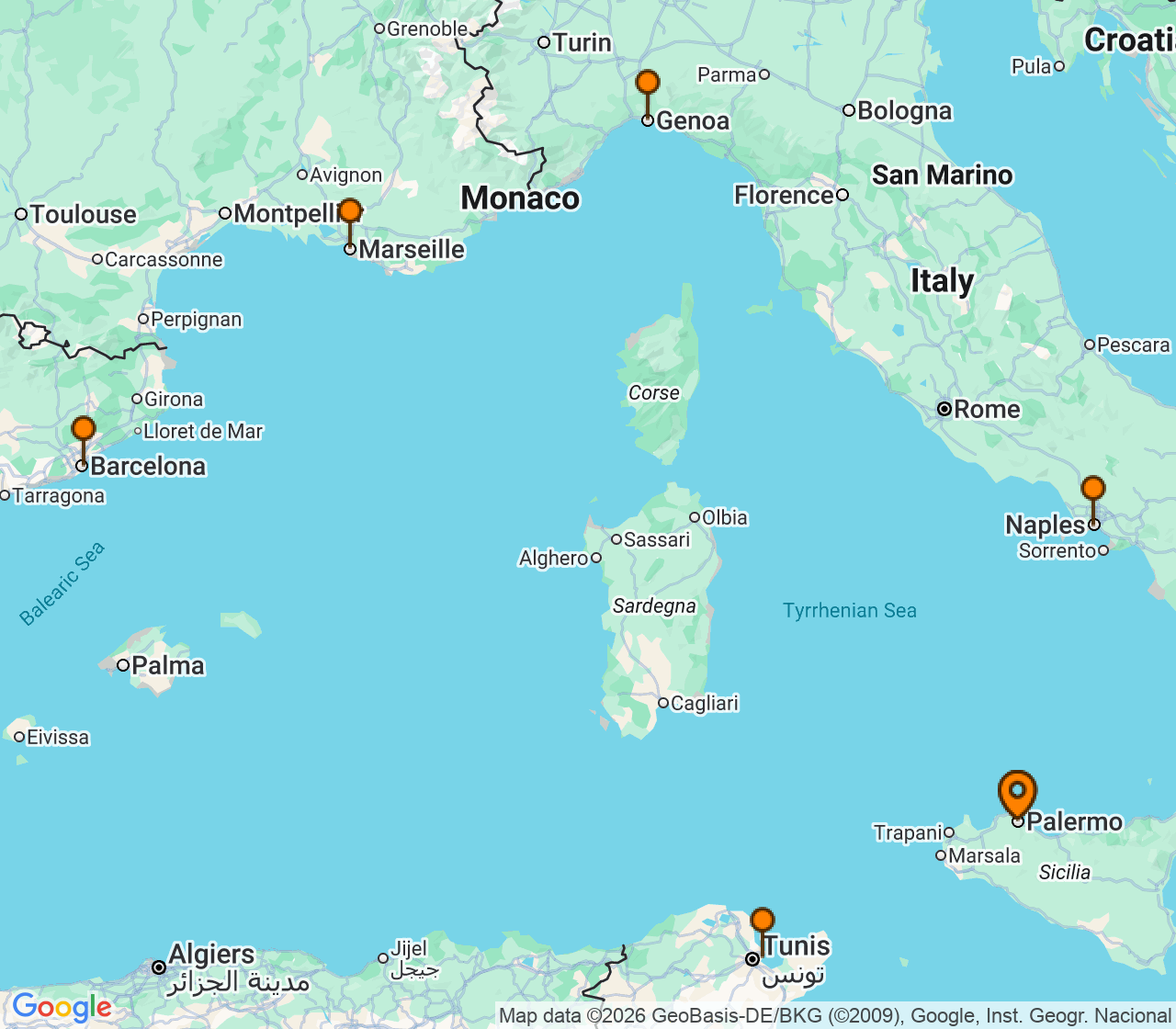 Harta itinerariu Croaziera 2027 - Mediterana (Palermo, Sicilia, Italia) - MSC Cruises - MSC Fantasia - 7 nopti