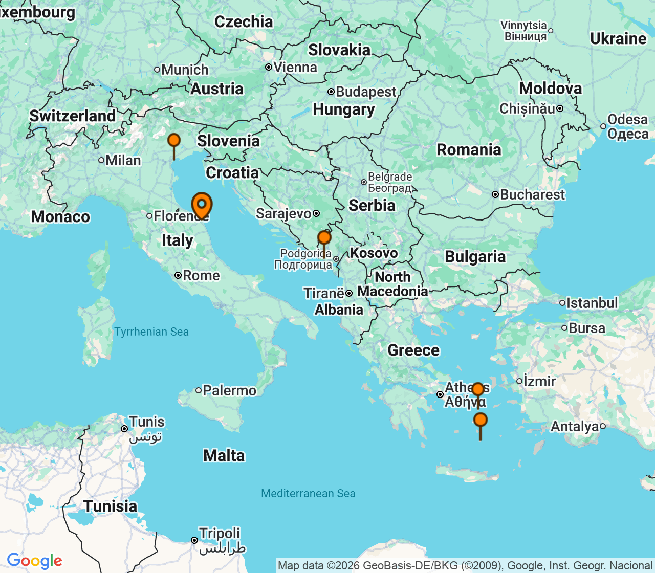 Harta itinerariu Croaziera 2028 - Mediterana (Ancona, Italia) - MSC Cruises - MSC Lirica - 7 nopti
