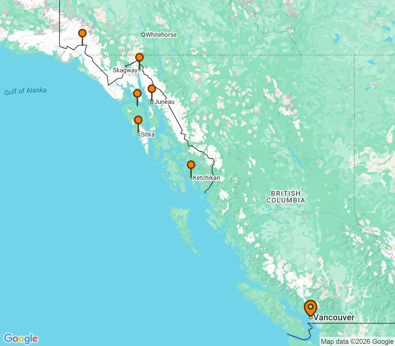 Harta itinerariu Croaziera 2028 - Alaska (Vancouver, Canada) - Royal Caribbean Cruise Line - Anthem Of The Seas - 1 noapte
