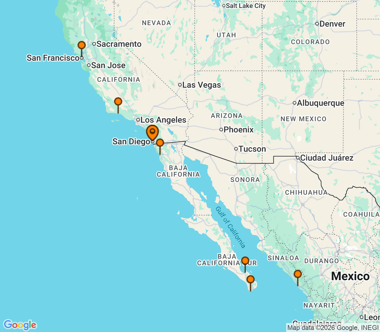 Harta itinerariu Croaziera 2027 - California si Riviera Mexicana (San Diego, CA) - Holland America Line - Koningsdam - 14 nopti