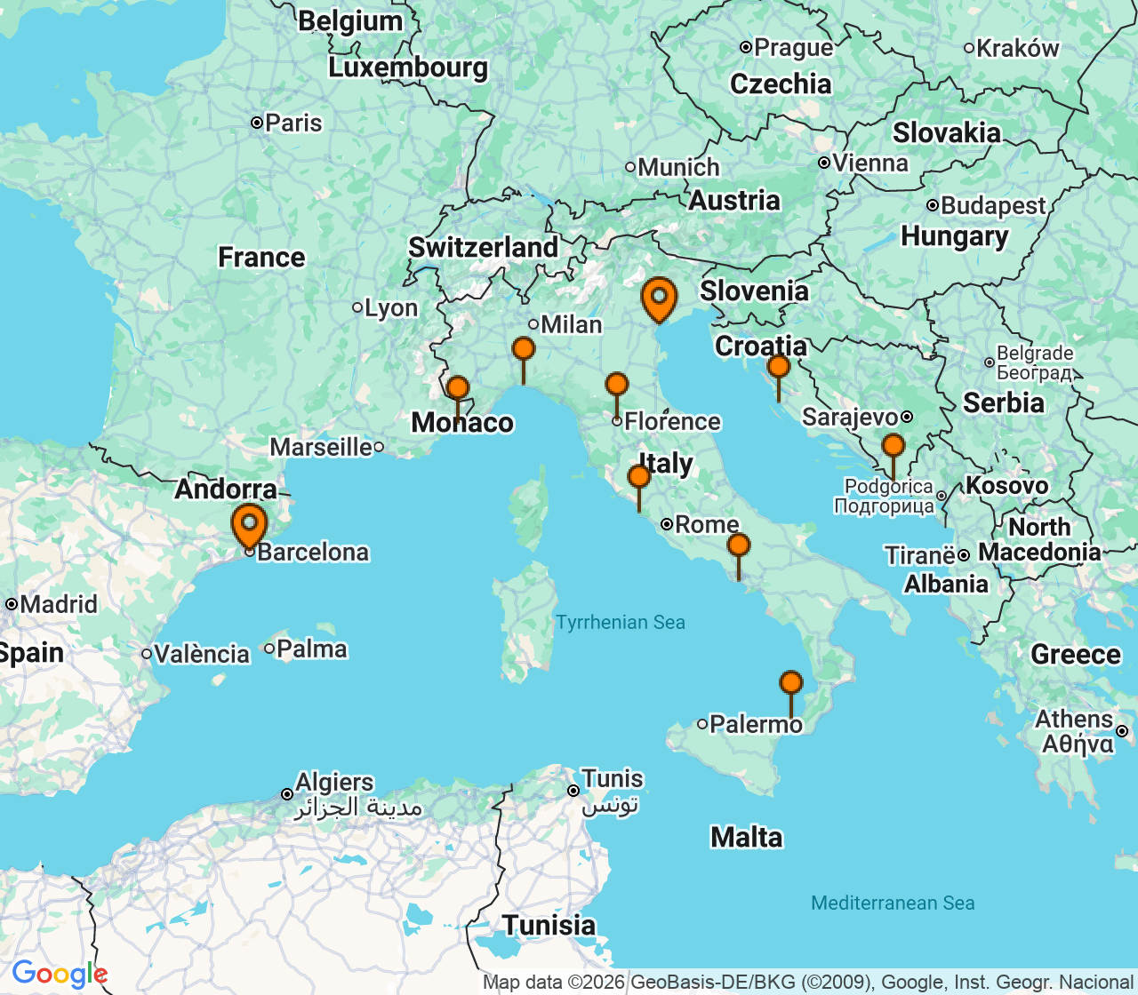Harta itinerariu Croaziera 2027 - Mediterana (Barcelona, Spania) - Windstar Cruises - Wind Spirit - 17 nopti