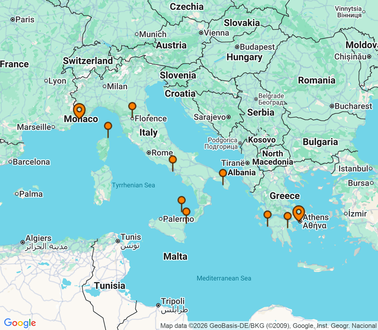 Harta itinerariu Croaziera 2028 - Mediterana (Nice (Villefranche), Franta) - Silversea Cruises - Silver Shadow - 12 nopti