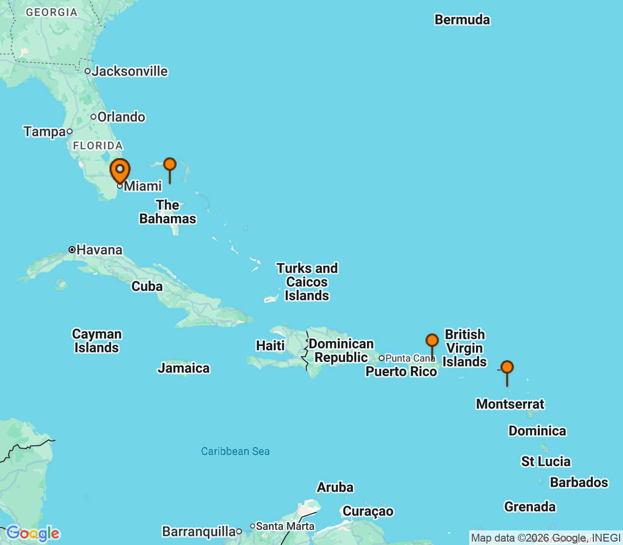 Harta itinerariu Croaziera 2026 - Caraibe si America Centrala (Miami, FL) - Royal Caribbean Cruise Line - Allure Of The Seas - 7 nopti