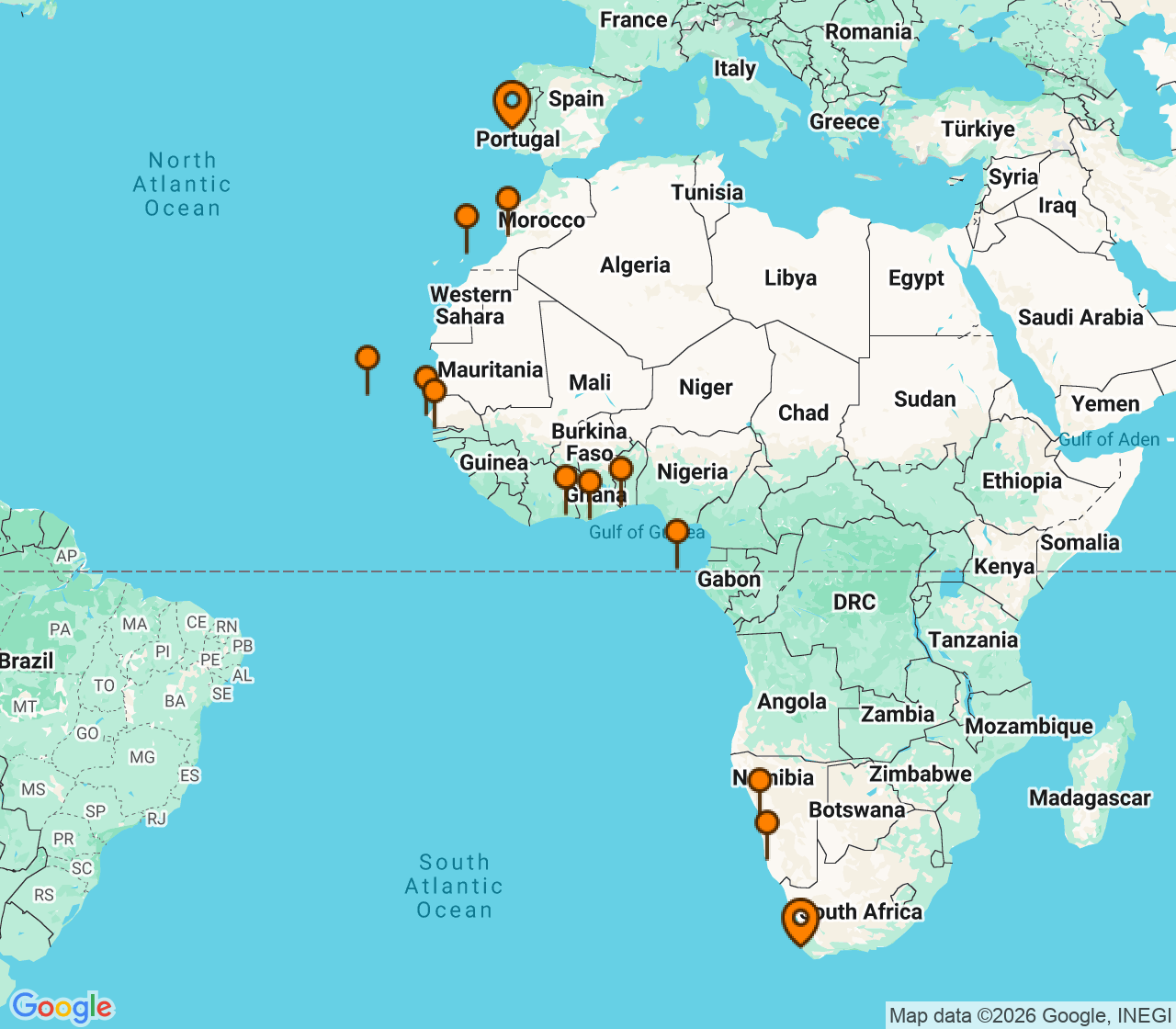 Harta itinerariu Croaziera 2027 -  (Cape Town, Africa de Sud) - Oceania Cruises - Sirena - 24 nopti