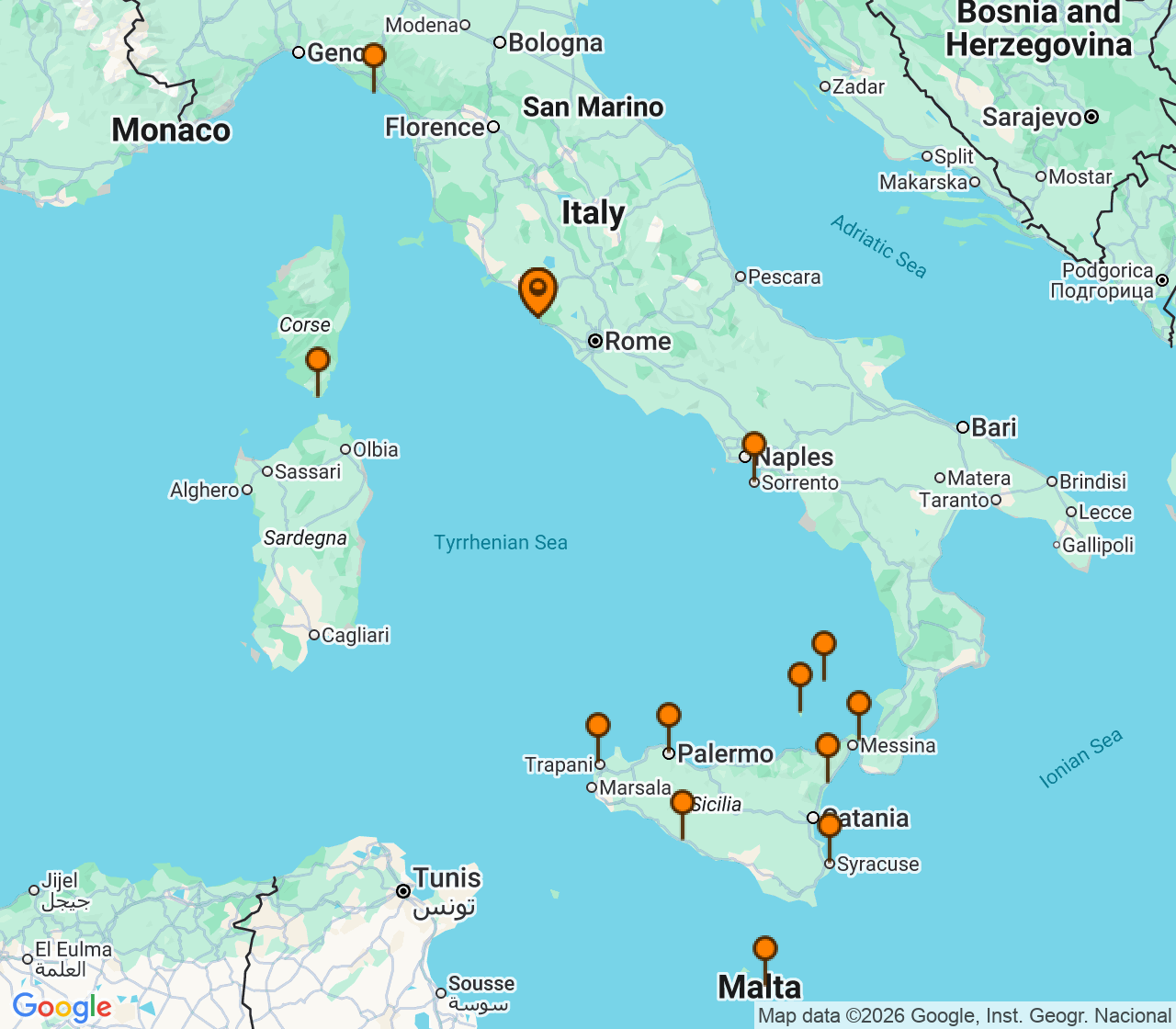 Harta itinerariu Croaziera 2027 - Mediterana (Roma (Civitavecchia), Italia) - Windstar Cruises - Star Legend - 13 nopti
