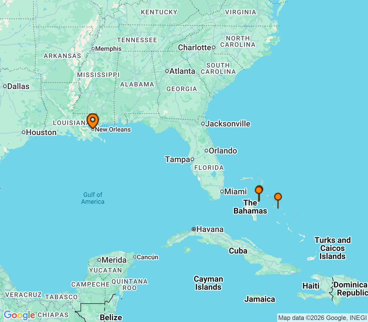 Harta itinerariu Croaziera 2026 - Caraibe si America Centrala (New Orleans, LA) - Carnival Cruise Line - Carnival Liberty - 8 nopti