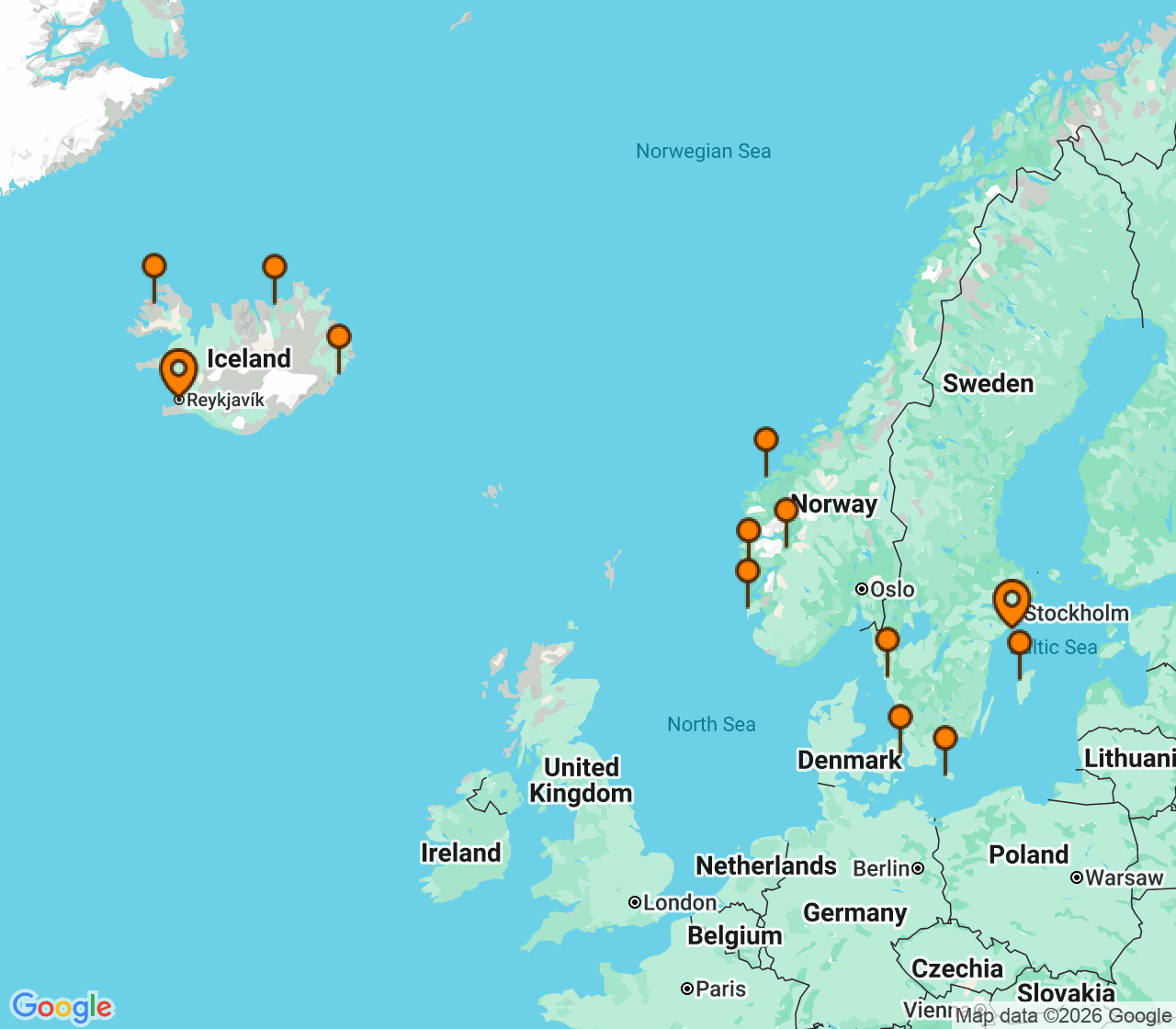 Harta itinerariu Croaziera 2027 - Europa de Nord (Stockholm (Nynashamn), Suedia) - Oceania Cruises - Vista - 14 nopti