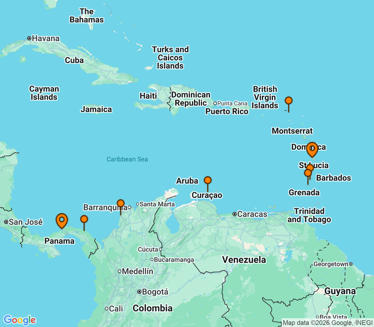 Harta itinerariu Croaziera 2028 - Caraibe si America Centrala (Fort-de-France, Martinica) - Ponant - Le Laperouse - 10 nopti