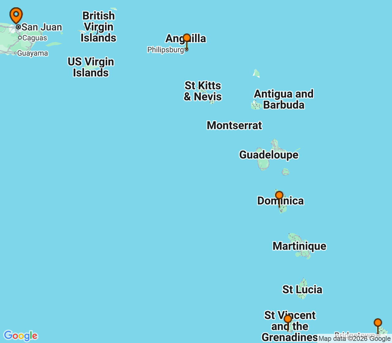 Harta itinerariu Croaziera 2028 - Caraibe si America Centrala (San Juan, Puerto Rico) - Virgin Voyages - Scarlet Lady - 6 nopti