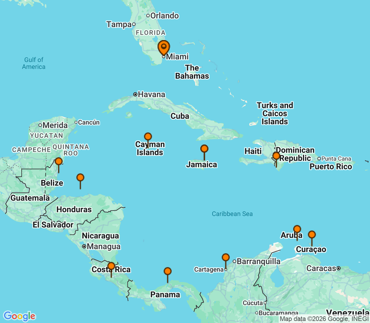 Harta itinerariu Croaziera 2028 - Caraibe si America Centrala (Miami, FL) - MSC Cruises - MSC Poesia - 21 nopti
