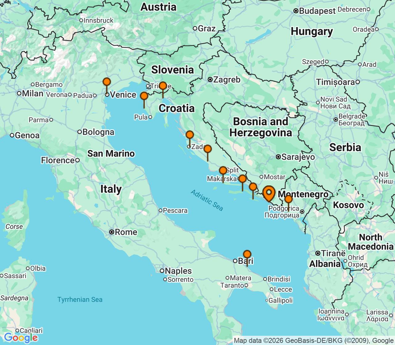 Harta itinerariu Croaziera 2027 - Mediterana (Dubrovnik, Croatia) - Windstar Cruises - Wind Spirit - 11 nopti