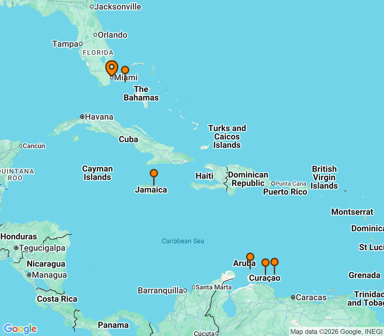 Harta itinerariu Croaziera 2027 - Caraibe si America Centrala (Miami, FL) - Explora Journeys - Explora IV - 10 nopti