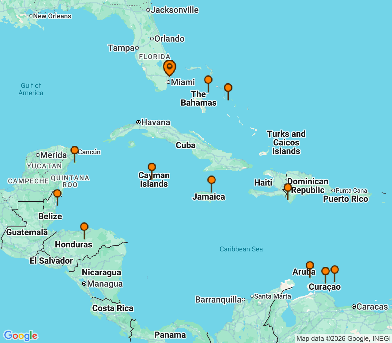 Harta itinerariu Croaziera 2028 - Caraibe si America Centrala (Fort Lauderdale, Florida) - Holland America Line - Eurodam - 21 nopti