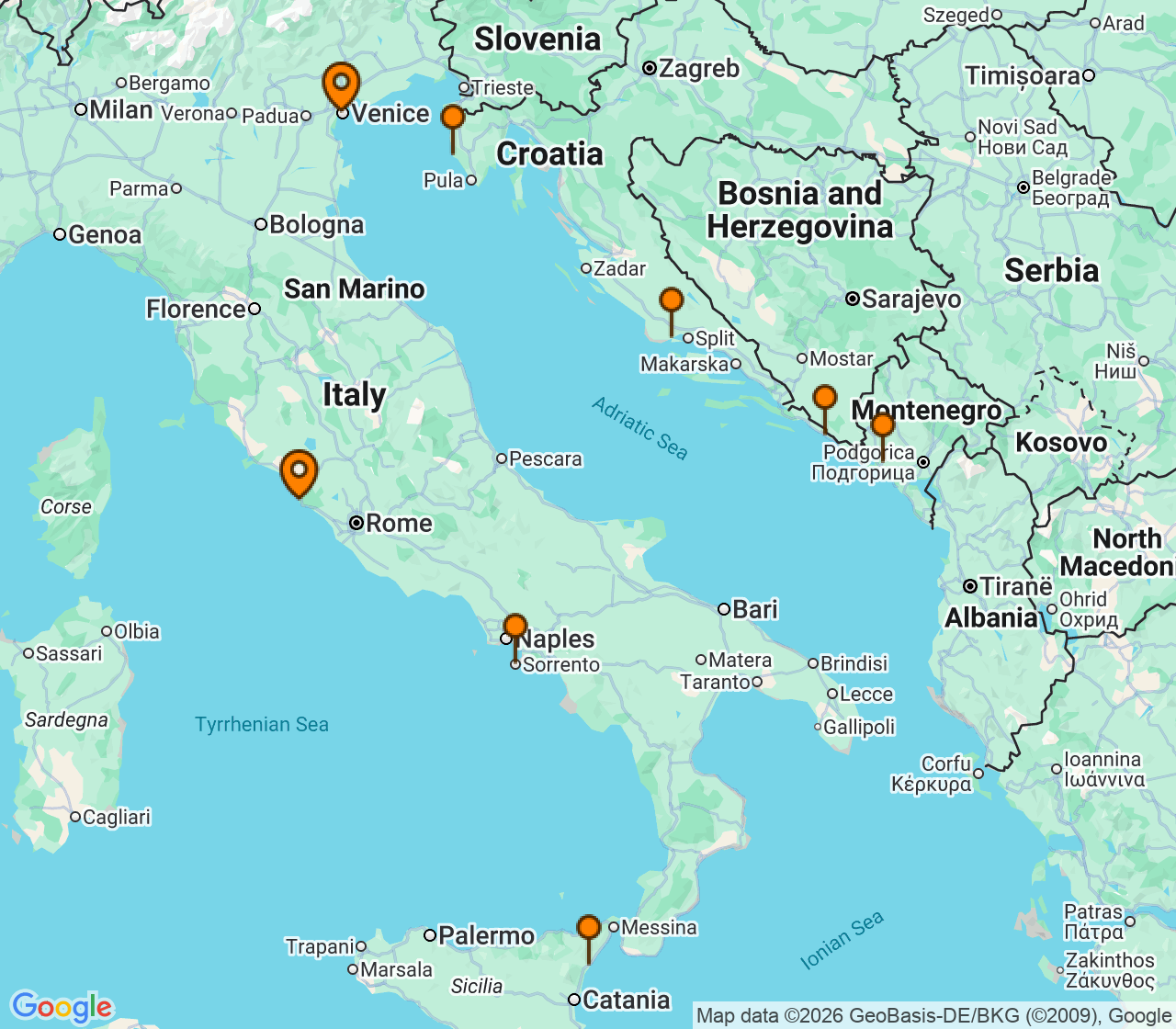 Harta itinerariu Croaziera 2026 - Mediterana (Roma (Civitavecchia), Italia) - Windstar Cruises - Wind Surf - 8 nopti