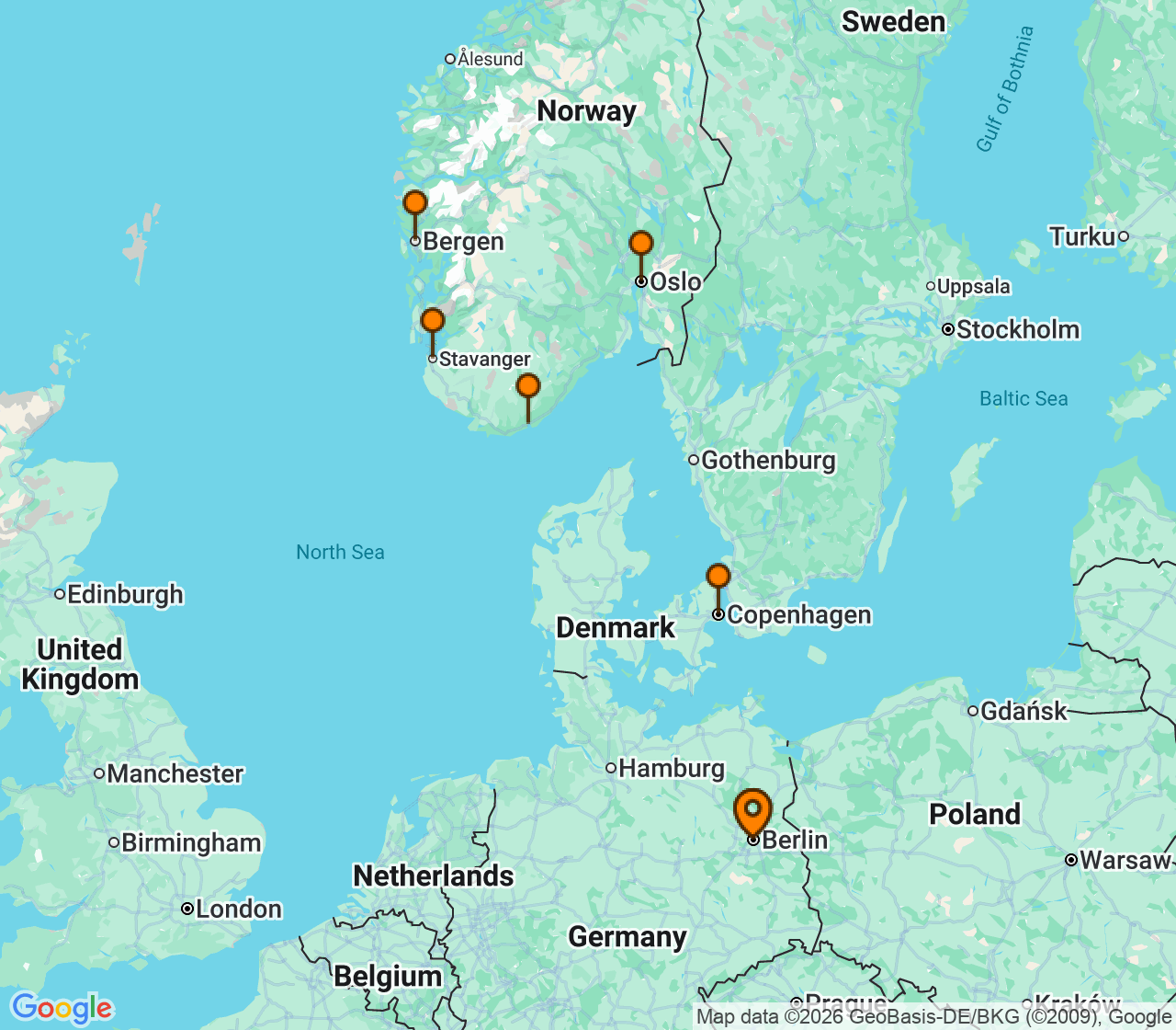 Harta itinerariu Croaziera 2027 - Europa de Nord (Berlin (Warnemunde), Germania) - MSC Cruises - MSC Magnifica - 7 nopti