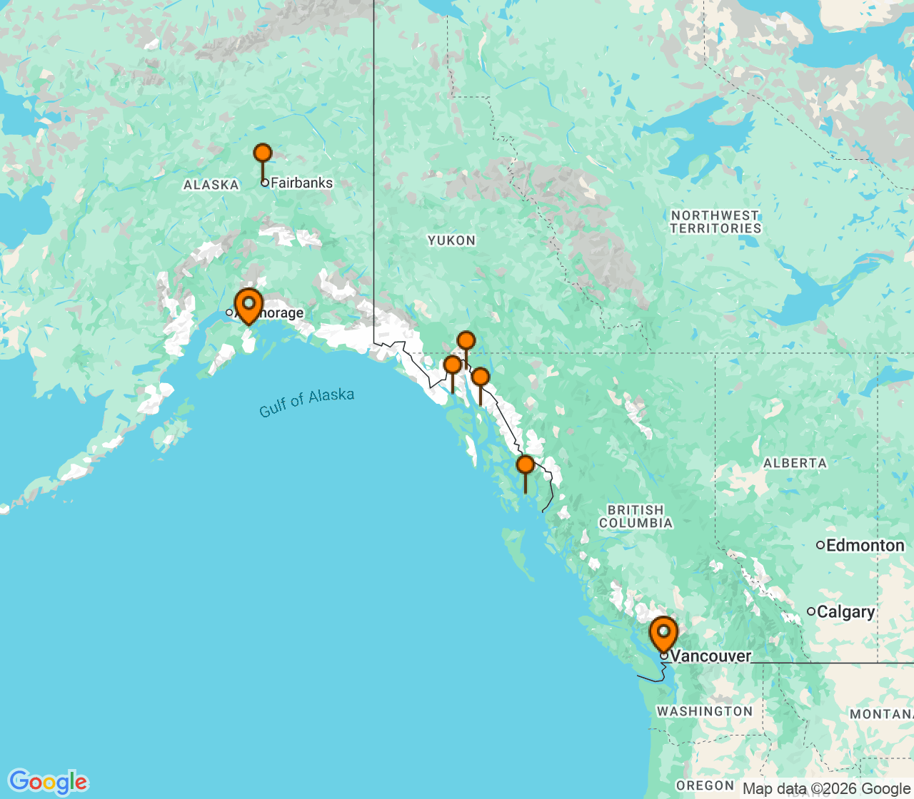 Harta itinerariu Croaziera 2027 - Alaska (Vancouver, Canada) - Princess Cruises - Discovery Princess - 7 nopti