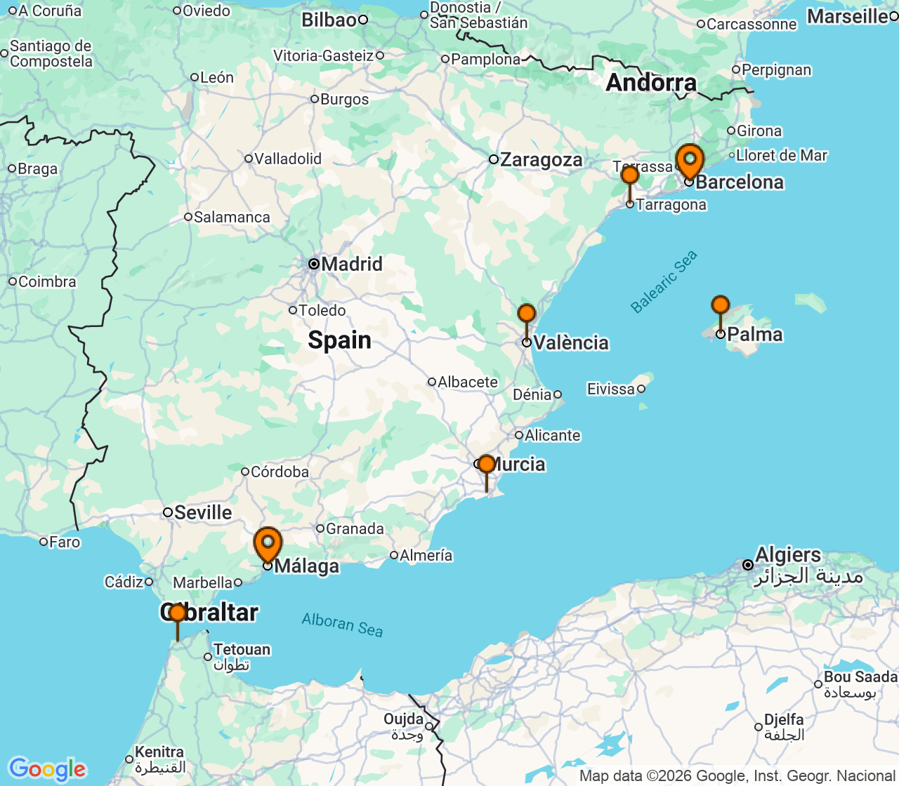 Harta itinerariu Croaziera 2027 - Mediterana (Malaga, Spania) - Windstar Cruises - Wind Spirit - 8 nopti