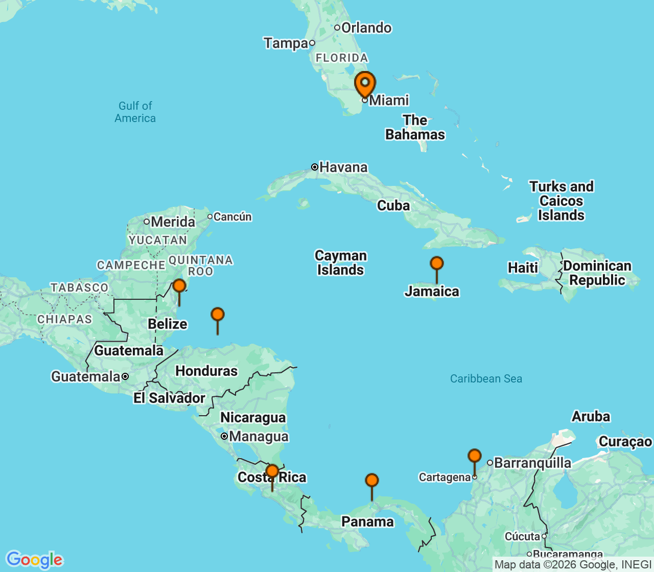 Harta itinerariu Croaziera 2026 - Caraibe si America Centrala (Miami, FL) - MSC Cruises - MSC Poesia - 11 nopti