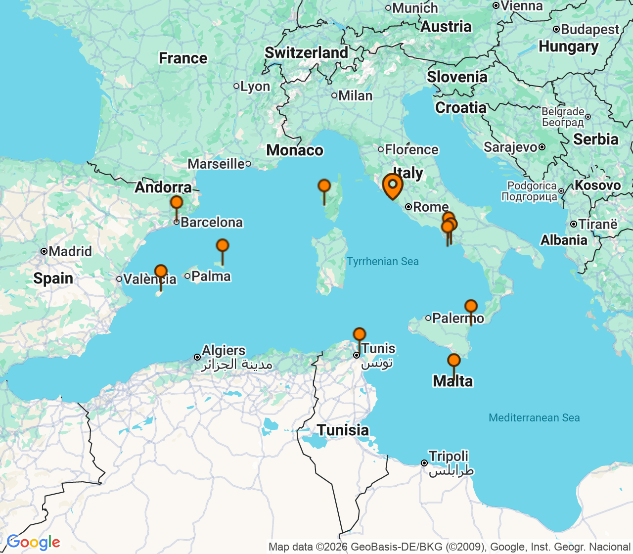 Harta itinerariu Croaziera 2028 - Mediterana (Roma (Civitavecchia), Italia) - Explora Journeys - Explora II - 13 nopti