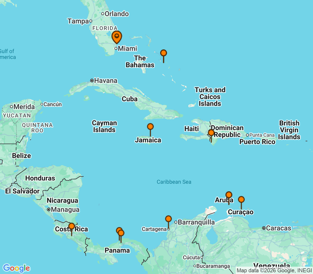 Harta itinerariu Croaziera 2026 - Caraibe si America Centrala (Fort Lauderdale, Florida) - Holland America Line - Nieuw Amsterdam - 21 nopti