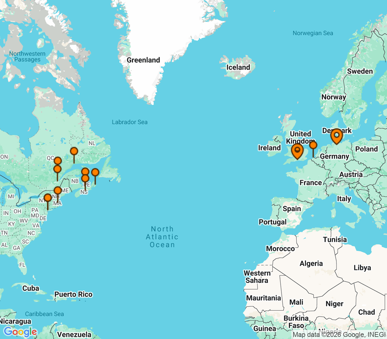 Harta itinerariu Croaziera 2027 - Canada si Noua Anglie (Southampton, Anglia) - Cunard Line - Queen Mary 2 - 31 nopti