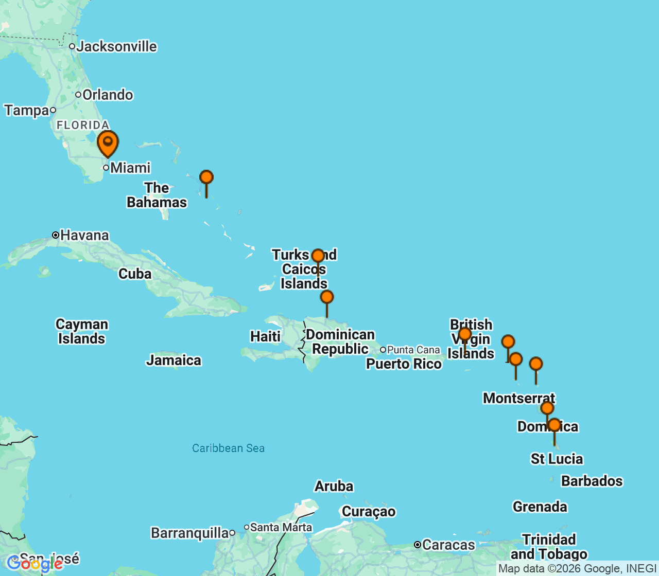 Harta itinerariu Croaziera 2028 - Caraibe si America Centrala (Fort Lauderdale, Florida) - Holland America Line - Eurodam - 17 nopti