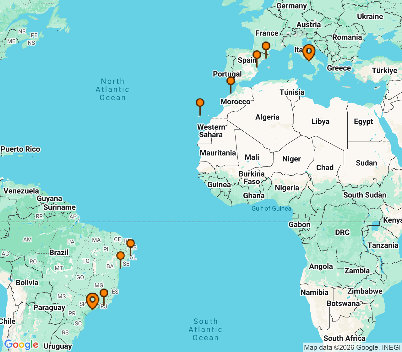 Harta itinerariu Croaziera 2028 - Repozitionari si Transoceanic (Santos, Brazilia) - MSC Cruises - MSC Divina - 18 nopti