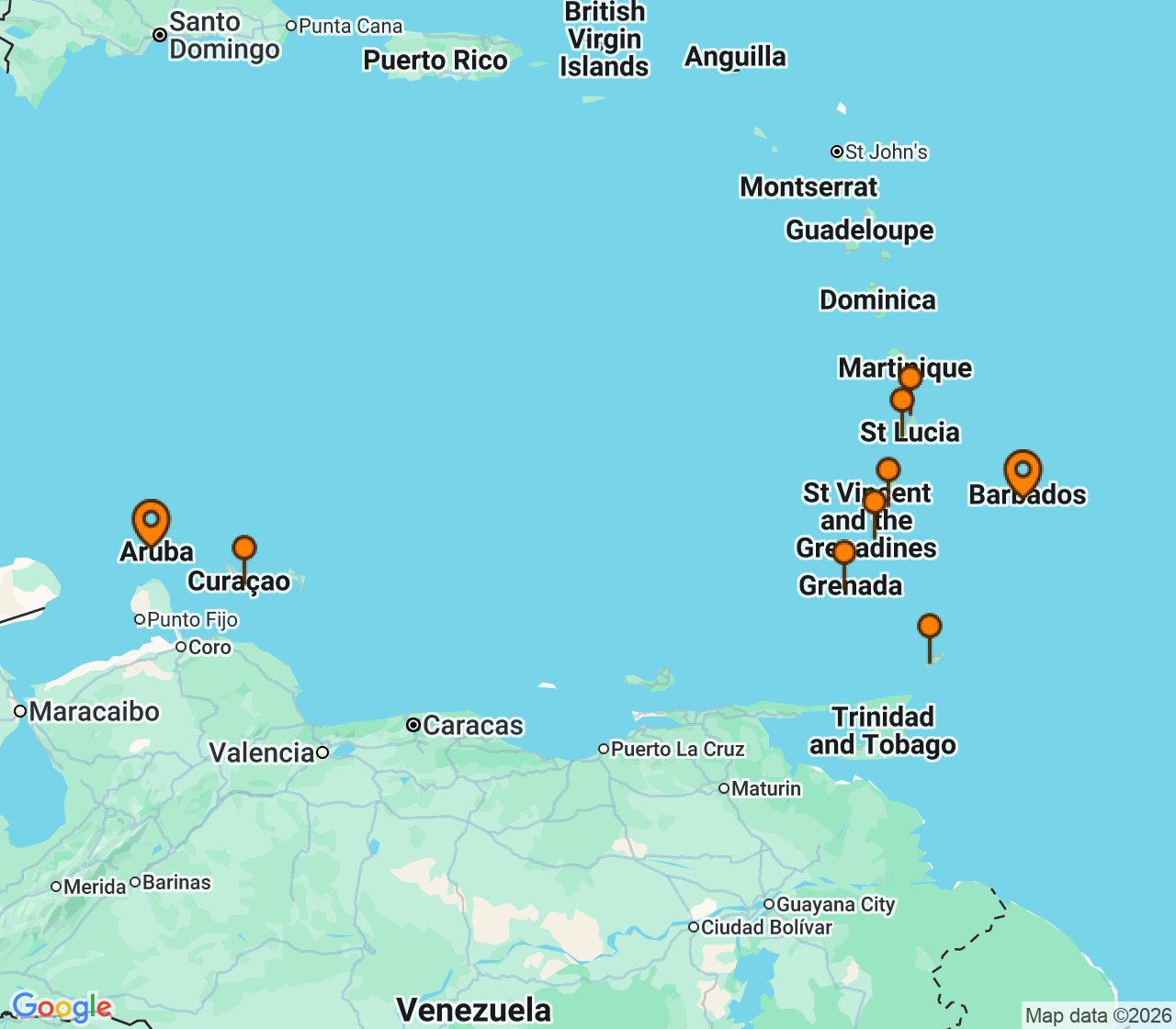 Harta itinerariu Croaziera 2026 - Caraibe si America Centrala (Bridgetown, Barbados) - Windstar Cruises - Star Legend - 8 nopti