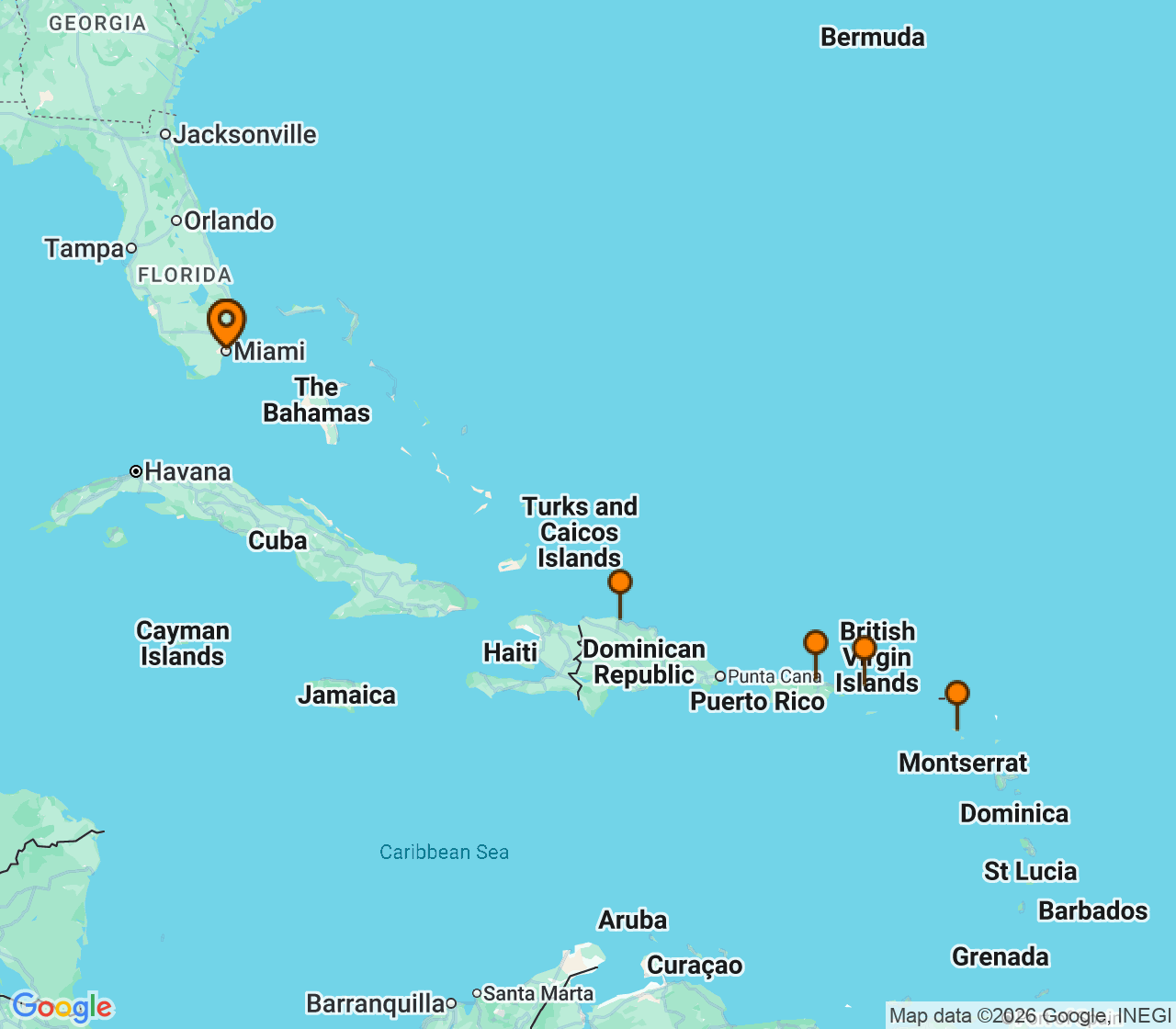 Harta itinerariu Croaziera 2026 - Caraibe si America Centrala (Miami, FL) - MSC Cruises - MSC Meraviglia - 8 nopti