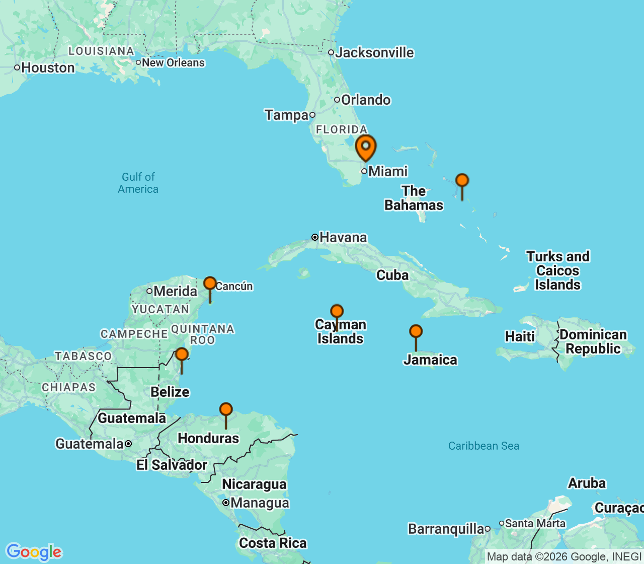 Harta itinerariu Croaziera 2028 - Caraibe si America Centrala (Fort Lauderdale, Florida) - Holland America Line - Eurodam - 10 nopti