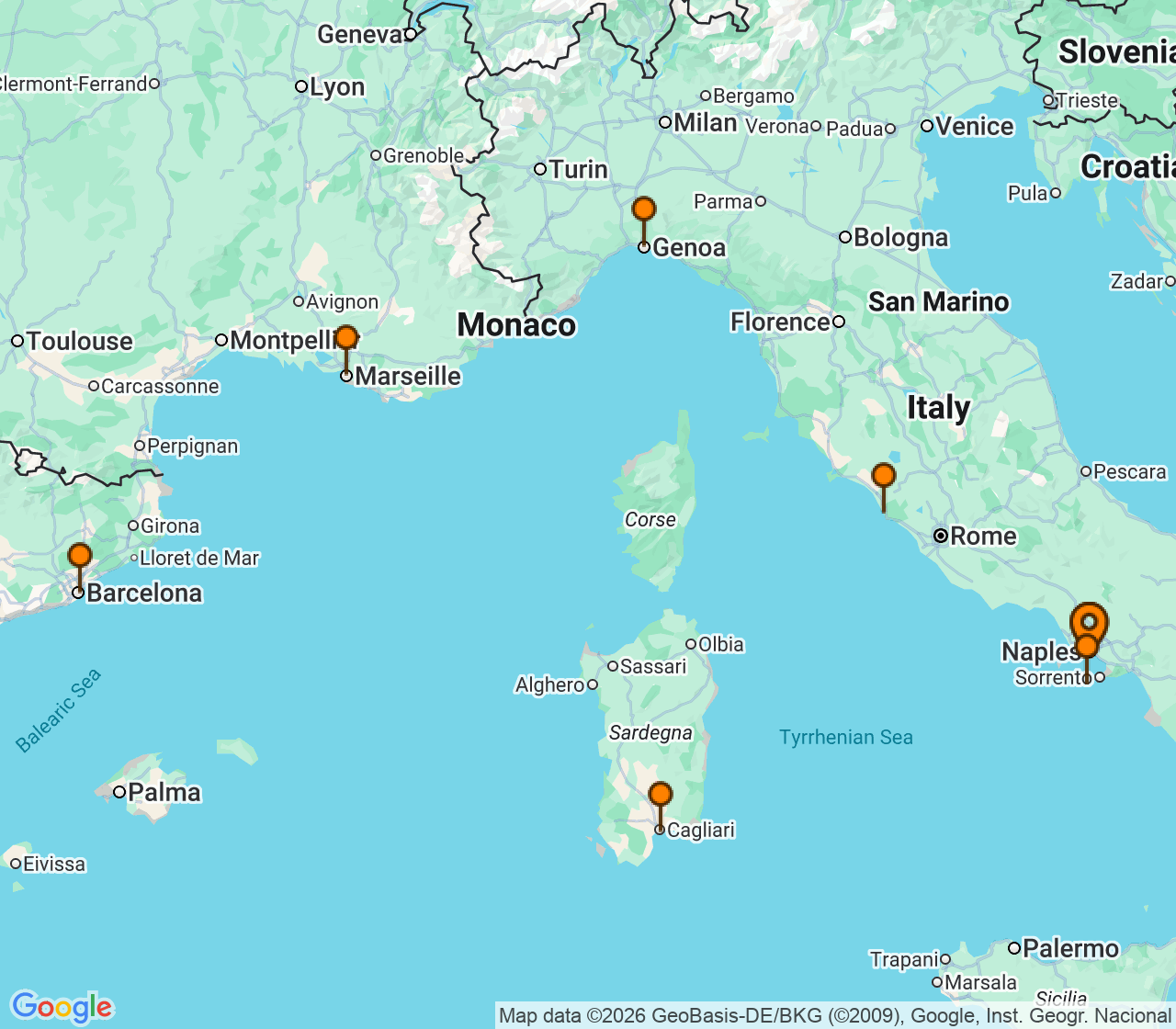 Harta itinerariu Croaziera 2027 - Mediterana (Napoli, Italia) - Costa Cruises - Costa Smeralda - 7 nopti