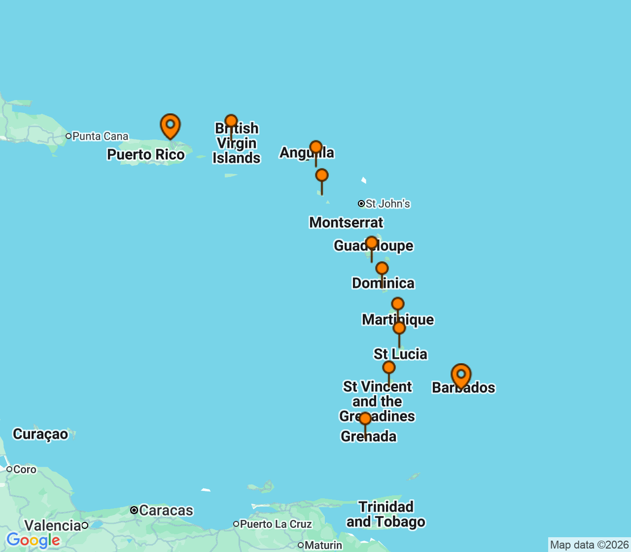 Harta itinerariu Croaziera 2027 - Caraibe si America Centrala (Bridgetown, Barbados) - Silversea Cruises - Silver Shadow - 10 nopti