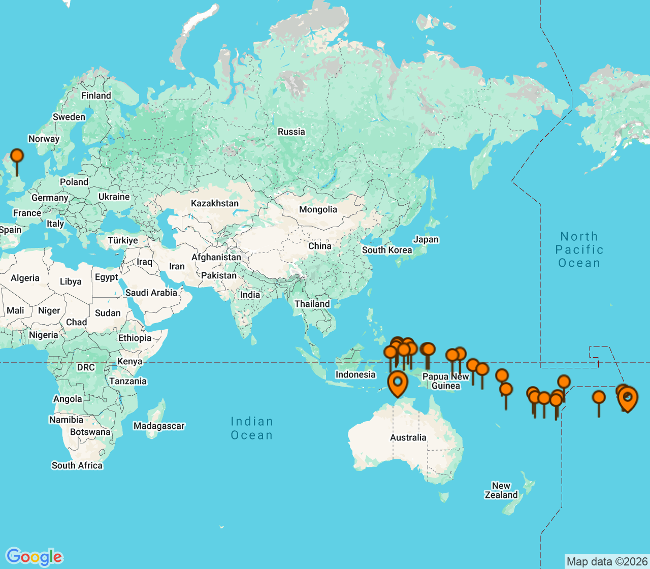 Harta itinerariu Croaziera 2026 - Tahiti si Pacificul de Sud (Darwin, Australia) - Seabourn - Seabourn Pursuit - 35 nopti