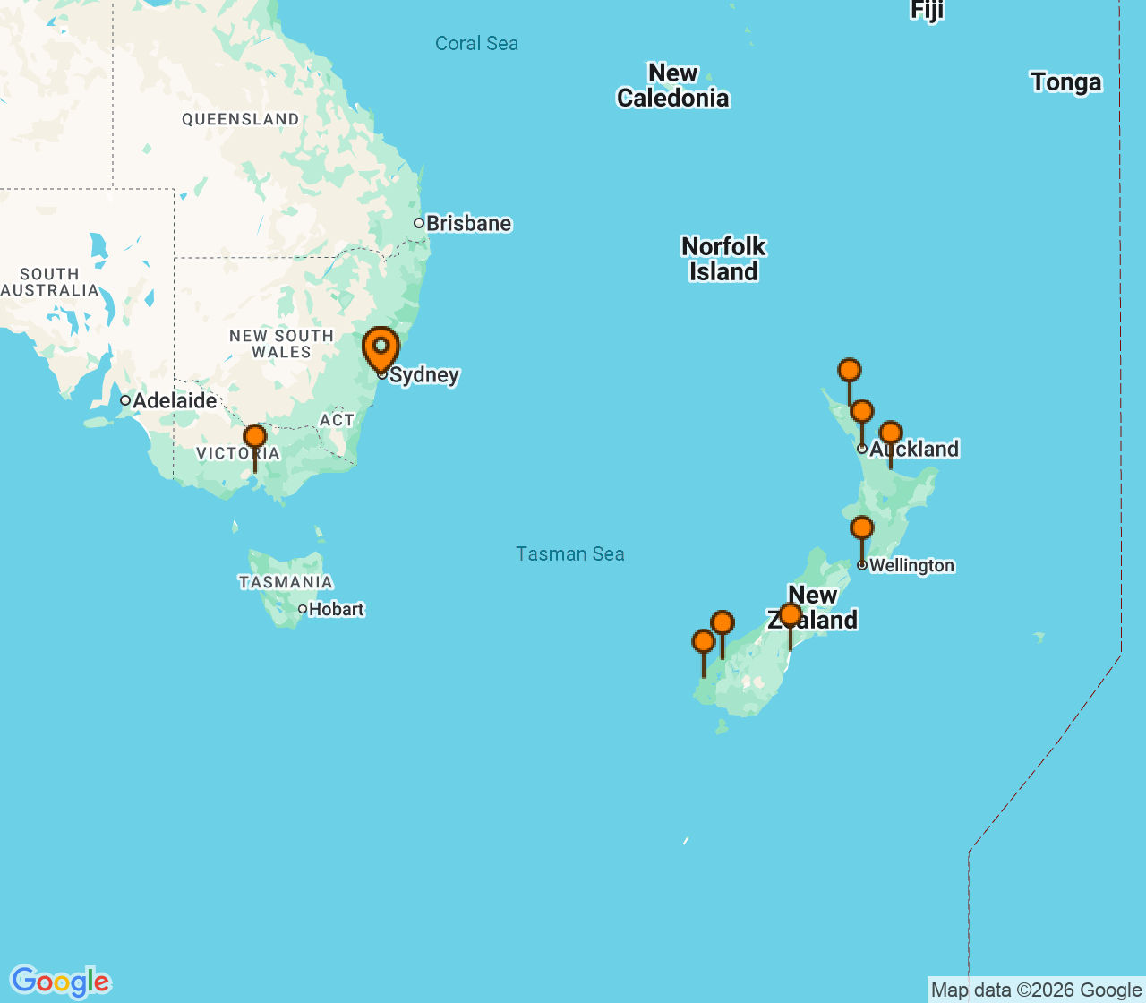 Harta itinerariu Croaziera 2027 - Australia si Noua Zeelanda (Sydney, Australia) - Norwegian Cruise Line - Norwegian Spirit - 14 nopti