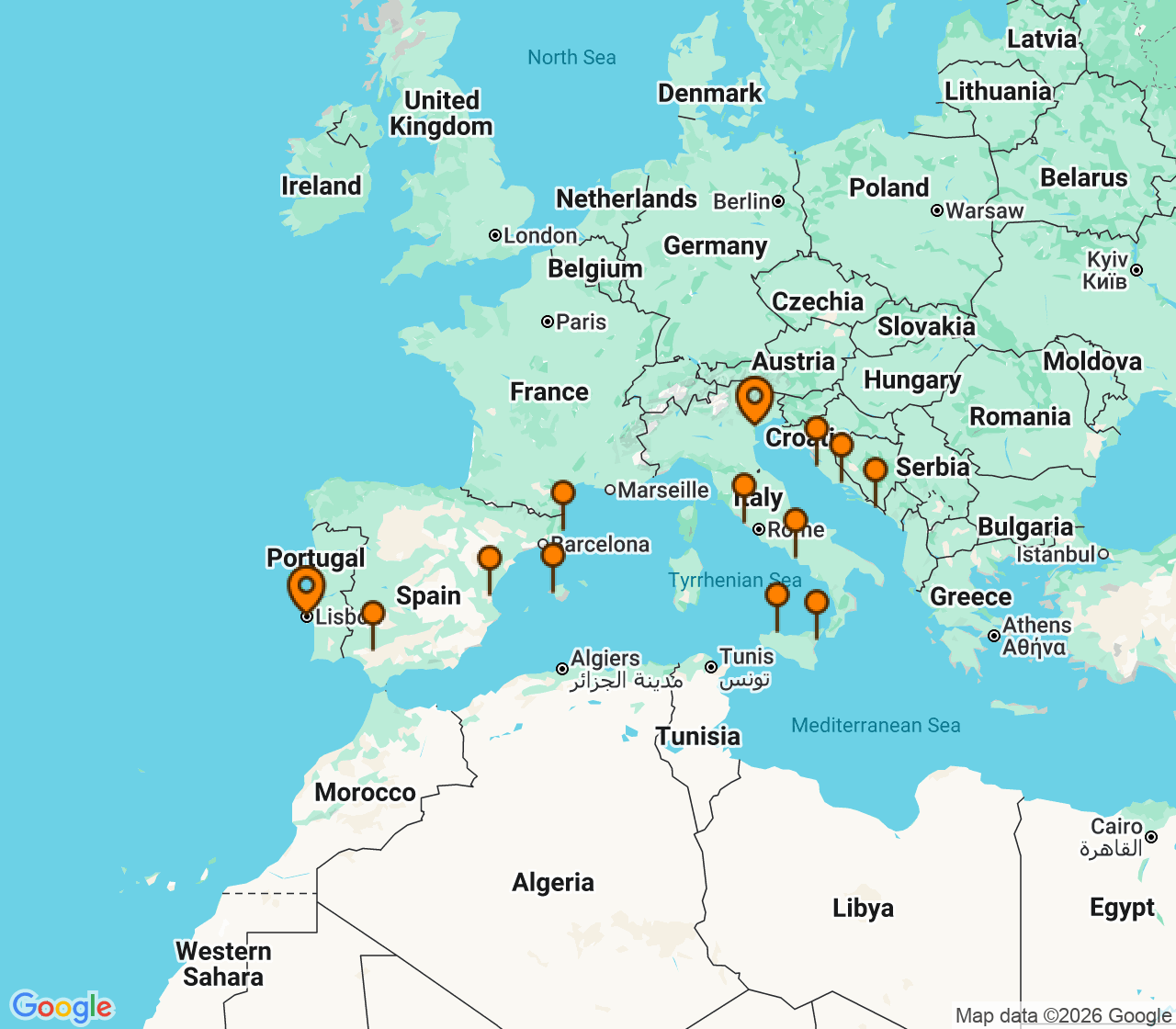 Harta itinerariu Croaziera 2028 - Africa (Lisabona, Portugalia) - Silversea Cruises - Silver Shadow - 25 nopti