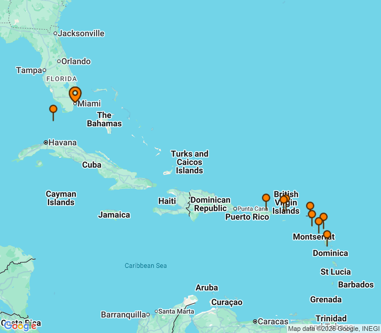 Harta itinerariu Croaziera 2027 - Caraibe si America Centrala (Miami, FL) - Explora Journeys - Explora III - 14 nopti