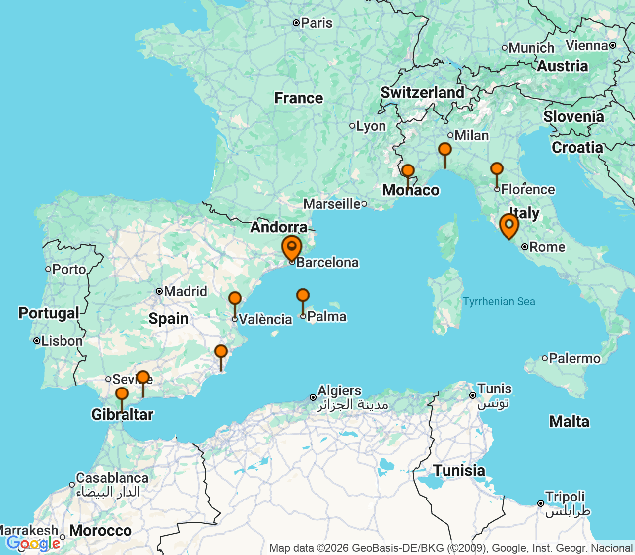 Harta itinerariu Croaziera 2027 - Mediterana (Barcelona, Spania) - Windstar Cruises - Star Explorer - 16 nopti