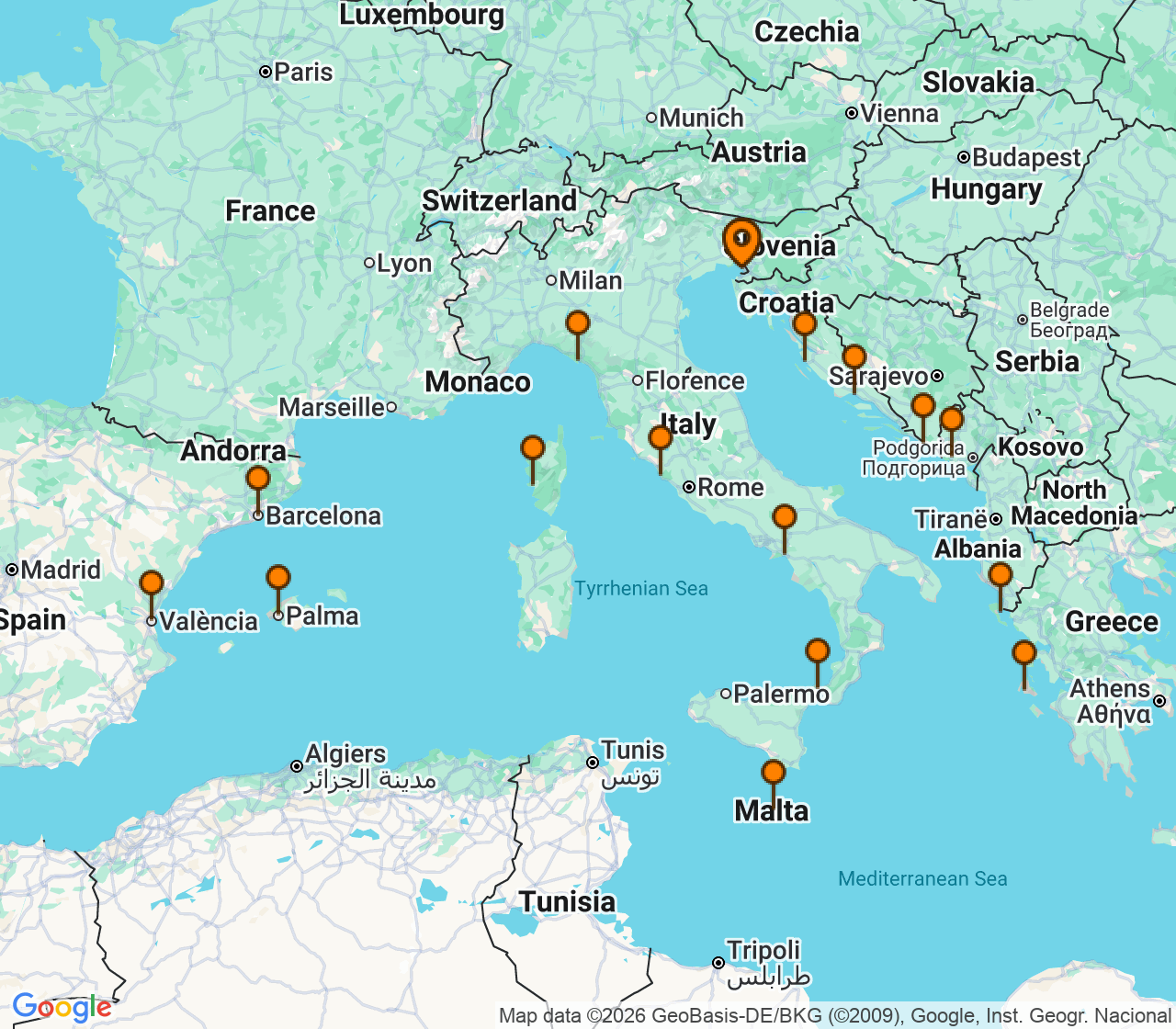 Harta itinerariu Croaziera 2027 - Mediterana (Trieste, Italia) - Cunard Line - Queen Elizabeth - 21 nopti