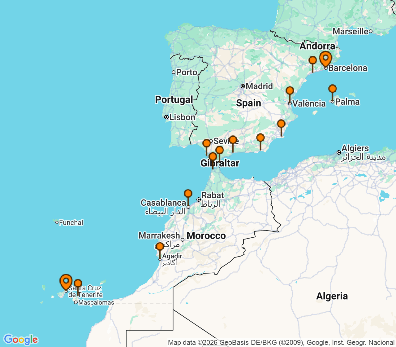 Harta itinerariu Croaziera 2028 - Mediterana (Barcelona, Spania) - Windstar Cruises - Wind Spirit - 19 nopti